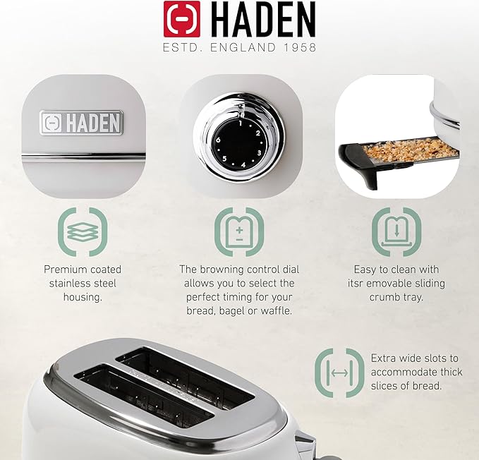 Haden Heritage 2 Slice Wide Slot Stainless Steel Toaster with Adjustable Browning Control & Non-Slip Feet, Ivory & Chrome