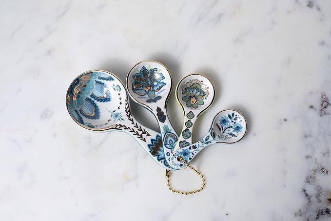 Mary DiSomma’s Ceramic Measuring Spoons (Set of 4) | Unique Signature Floral Print Design for each, Gold Overlay, Teal, Blue, Robin’s Egg Blue, Lime Green, Metallic Gold Chain, Boxed gift set