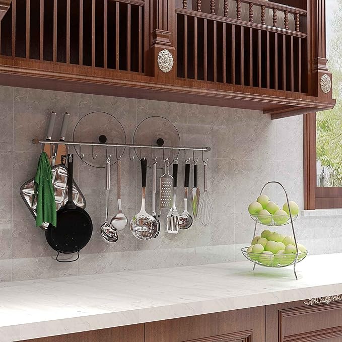 Kitchen Rail with Hooks, 30.5inch " Utensil Hanger with 15 Pcs Noiseless Sliding Hooks, Organizer Storage Holder Wall Mounted for Kitchen/Bathroom/Bedroom, 304 Stainless Steel, Silver