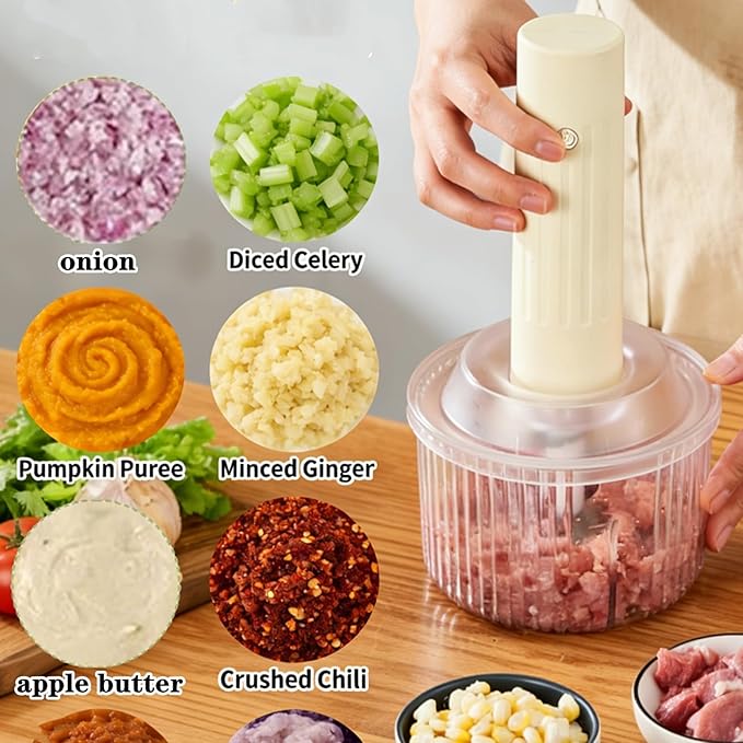 Electric Garlic Chopper, Multifunctional Portable Veggie Cutter with 2 Blades & 4 Bowls - Mini Chopper Food Processor for Ginger, Chili, Fruit, Meat - Electric Mini Chopper, One-Touch Operation