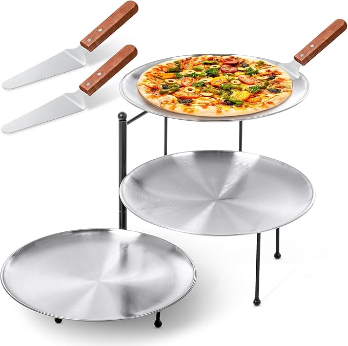 Teenyyou 7 Pcs Pizza Pan Riser Stands Sets Includes 1 Pcs Tiered Tray Stand 3 Stainless Steel Pizza Pan and 3 Wood Handle Knife for Home, Restaurant Party