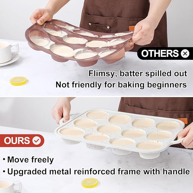 Silicone Muffin Pans for Baking, with Metal Reinforced Frame 2.8 Inch Regular Size Silicone Molds Nonstick 12 Cups for Baking Homemade Muffins, Cupcakes, Egg Bites 2 Pack Dishwasher Safe BPA Free