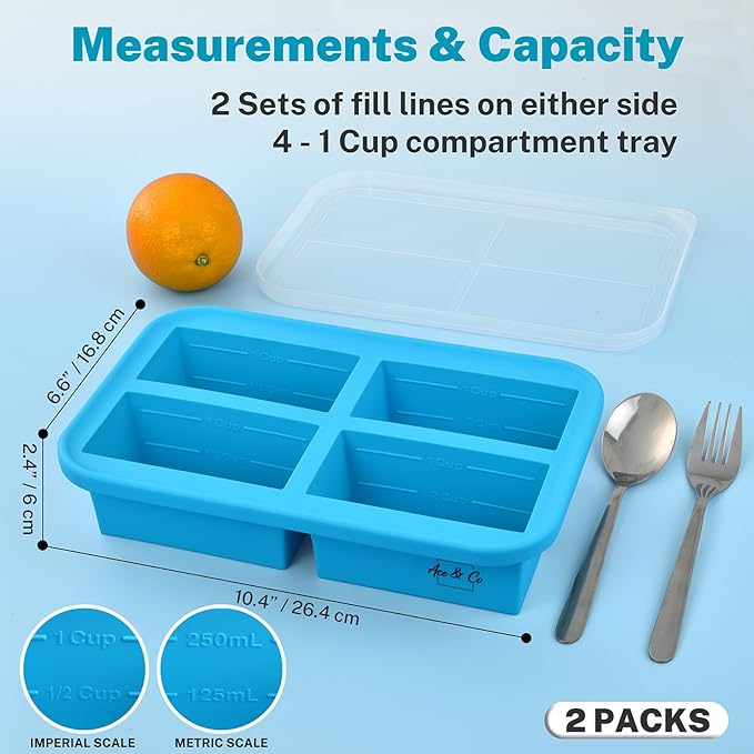2 Pack Silicone Freezer Trays with Lids, BPA Free Soup Freezer Containers, 1 Cup Silicone Freezer Molds for Soup, Broth, Sauce and Ice