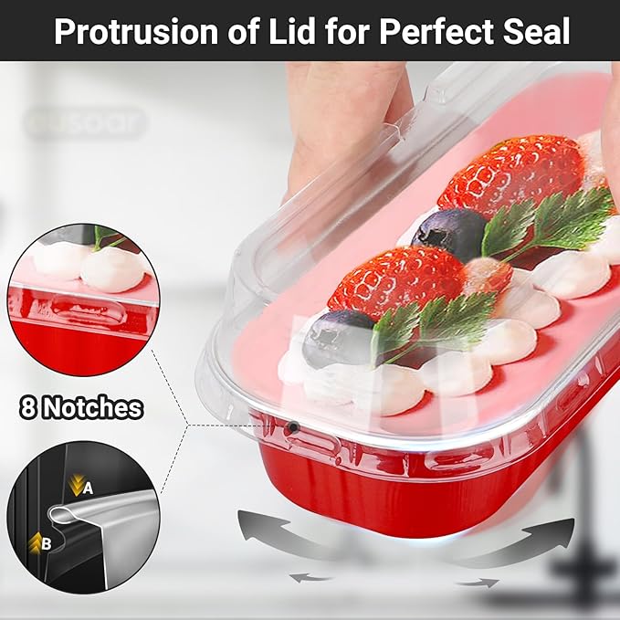 EUSOAR Disposable Ramekins with Lids, 50pcs 6.8oz 6.5"x2.5"x1.2" Aluminum Foil Baking Cups Mini Loaf Pan Tin，Rectangle Cupcake Containers Wrappers, Dessert Cheesecake Creme Brulee Ramekins Pan