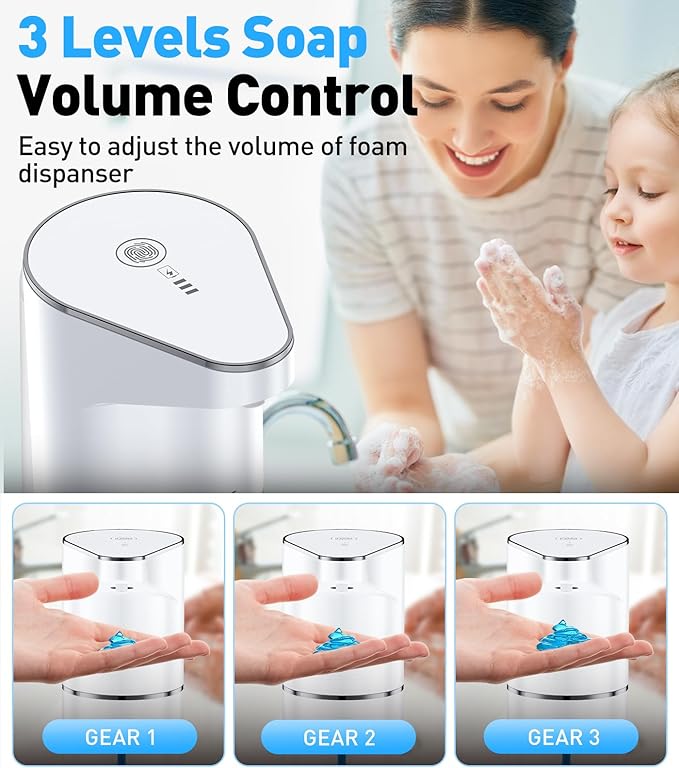 Automatic Soap Dispenser 350ml, Touchless Wall Mount Electric Soap Dispenser for Gel Soap with Infrared Motion Sensor, 3 Adjustable Levels for Bathroom, Kitchen and Office (White)