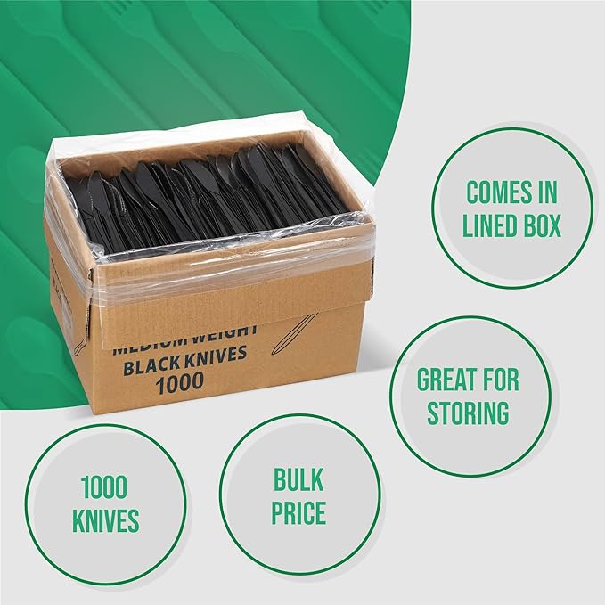 1,000 Plastic Disposable Knives Bulk Black Medium Weight Disposable Silverware Plastic Cutlery Knife