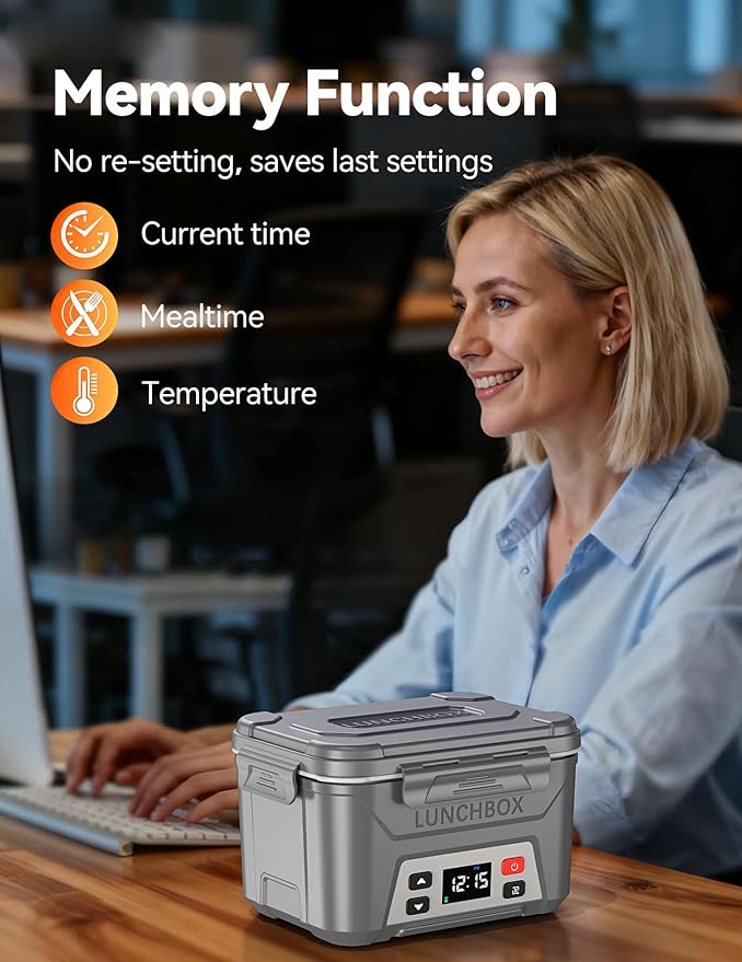 EAST OAK Heated Lunch Box for Men, Electric Lunch Box for Adults, 5.5 Cups Cordless Portable Food Warmer, Rechargeable Self Heating Food Heater with Memory Function, Automatic Keep Warm(Grey)