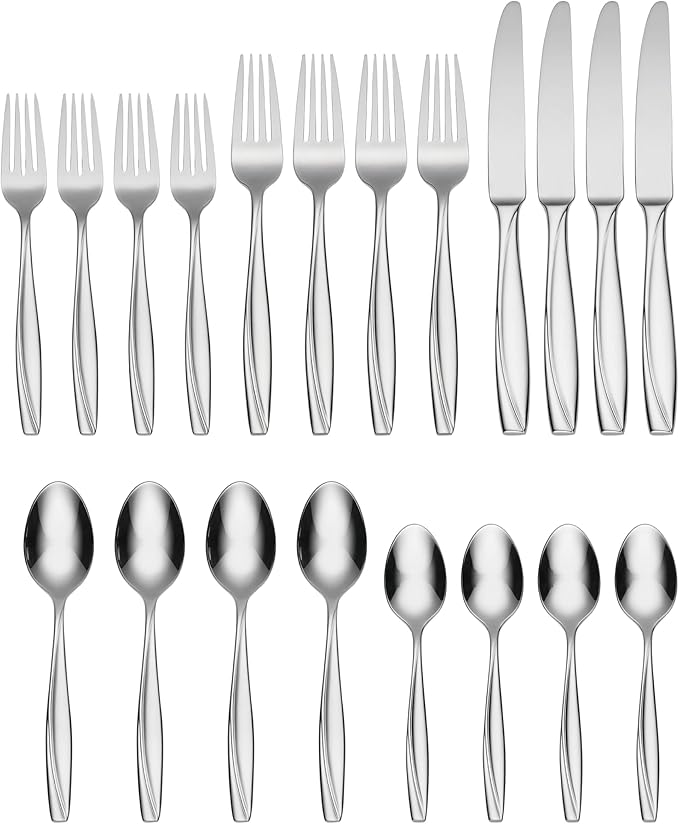 Oneida Silverware Set, Camlynn Mirror 20-Piece Everyday Flatware Set, Service For 4, 18/0 Stainless Steel, Knives Spoons And Forks Sets, Dishwasher Safe, Home and Kitchen Utensils(Silver, 20 Piece)