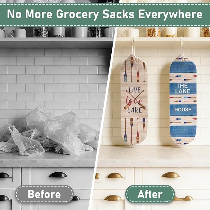 2Pcs Lake House Plastic Bag Holder for Kitchen Essentials, Reusable Hanging Grocery Bag Organizer, Washable Large Grocery Trash Bags Storage Dispenser Lake House Decor for the Home