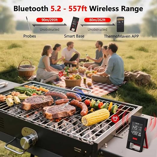 Smart Wireless Meat Thermometer – Bluetooth Digital BBQ Thermometer with Wireless Probe, USB-C Rechargeable, IP65 Waterproof – Long Range Smoker Grill Thermometer for Cooking & Roasting