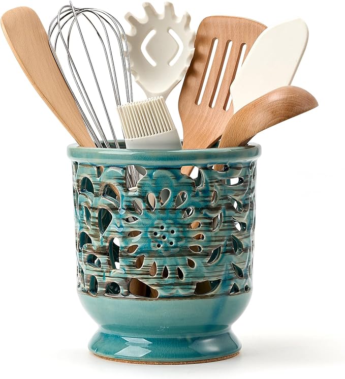 Farmhouse Kitchen Utensil Holder for Countertop, Ceramic Large Cooking Utensil Crock with Cork Mat, Hollow Carving Decorative Rustic Utensil Holder for Kitchen Counter, Antique Blue