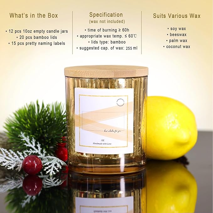 LAMORGIFT 12 Pack Gold Mercury Glass Candle Jars (10oz) with Lids - Candle Makes Accessory Set Including 15 Labels