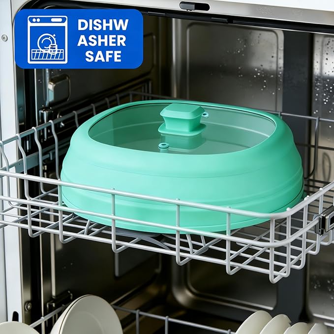 Microwave Splatter Glass Cover with Silicone Mat,Food Safe Collapsible Silicone Microwave Cover for Food with Vent Hole and Easy Grip Silicone Handle Knob,BPA Free,Dishwasher Safe (Green)