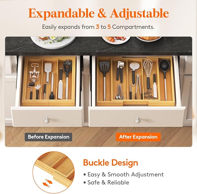 Lifewit Utensil Organizer for Kitchen Drawer,Narrow Silverware Tray for Kitchen Drawers, Bamboo Cutlery Silverware Flatware Holder
