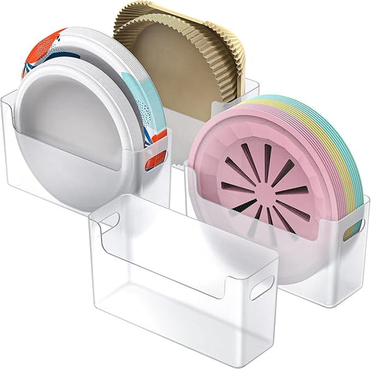 4Pcs Paper Plate Dispenser for 6-9.5 Inch Disposable Plates, Space-Saving Plastic, Foam and Paper Plate Storage Organizer for Cabinet, Countertop, RV or Outdoor (Transparent)