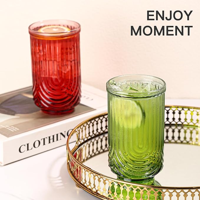 JOVGANK Colored Vintage Glassware Set of 6-17Oz Colorful Water Drinking Glass, Art Deco Ripple Highball Glass, Whiskey Cocktail Glasses, for Bar Ice Coffee Juice, Housewarming, Mother's Day Gift