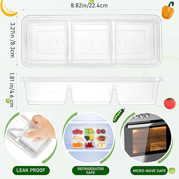 Hushee 10 Pack 17 oz Small Meal Prep Containers with 3 Compartments Snack Containers with Lid Disposable Plastic Bento Box Travel Lunch Food Boxes Stackable for Office Picnic (Clear)