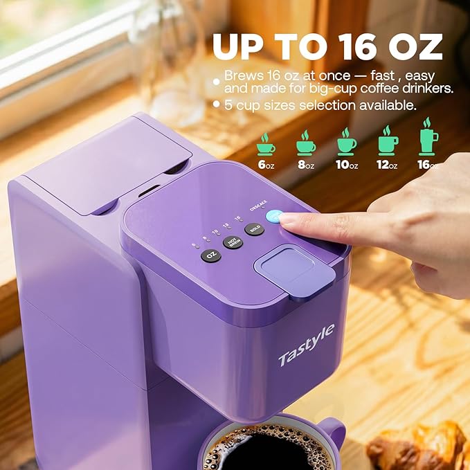Tastyle Single Serve Coffee Maker Hot and Iced with Bold Brew, Small Coffee Machine for K Cup and Ground, Fits 7.3'' Travel Mug, Brews up to 16 Oz, 5 Cup Sizes, Compact for Office, RV& Hotel, Lavender