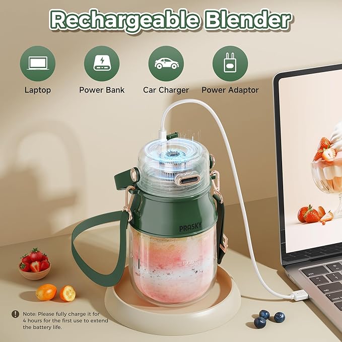 Portable Blender, Personal Blenders for Shakes and Smoothies with 27oz Cup, Lid and Shoulder Strap, Type-C USB Rechargeable, BPA-Free for Gym/Travel/Kitchen (Green)