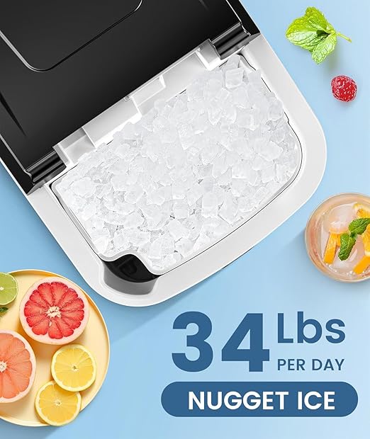 Antarctic Star Countertop Nugget Ice Maker, 34 Lbs/24H, Stainless Steel Pebble Ice Machine, One-Click, Self-Cleaning, Compact Ice Maker with Basket & Scoop, for Kitchen Office Bar, Steel Black