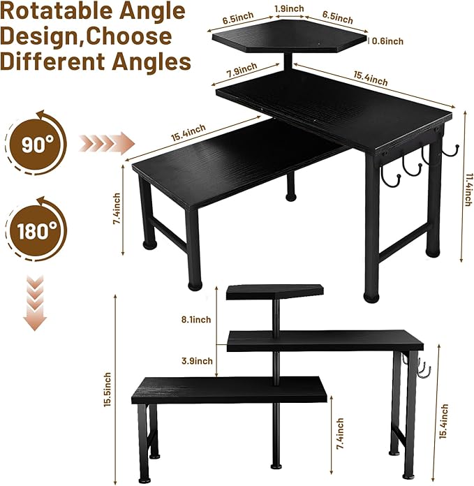 Counter Organizer Shelf, 3 Tier Moveable Black Corner Shelf Organizer with Hook, Counter Shelf for Kitchen Bathroom Spice Rack Coffee Area Over Sink Dresser Table (Black)