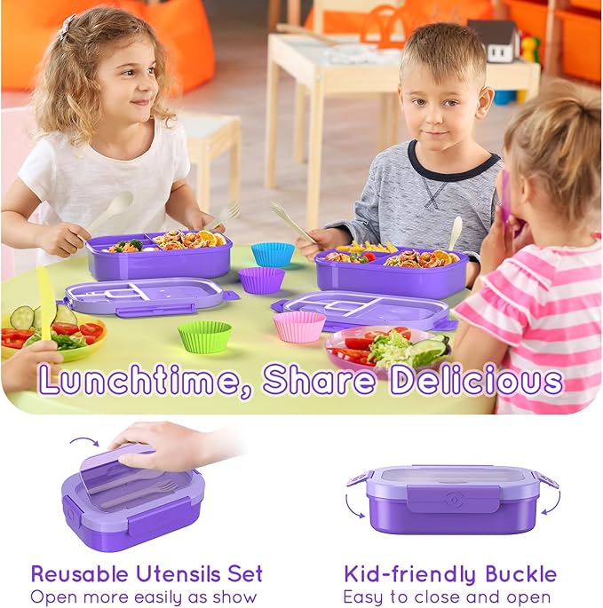 Lunch Box Kids Adult Bento Box Bento-Style Lunch Box 1300ml Ideal Portion Size Leak Proof for Teens Toddlers, BPA Free Lunchbox Containers for School Work Picnic (Purple)