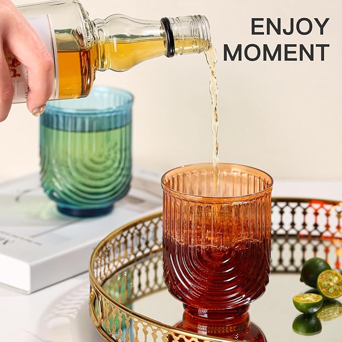 JOVGANK Colored Vintage Drinking Glasses Set of 6-14Oz Colorful Drinking Glasses, Art Deco Ripple Highball Glass, Whiskey Cocktail Glasses, for Bar Coffee Juice, Housewarming and Mother's Day Gift