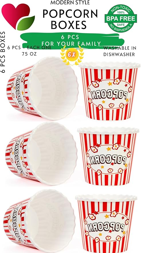 Modern Style Reusable Plastic Popcorn Box/Popcorn Containers/Popcorn Bowls Set for Movie Theater Night - (BPA Free - 6 Pack-75 oz) (6, RED)