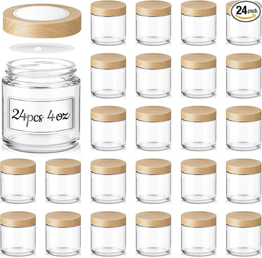 4 oz Glass Jars with Lids, 24 Pack Clear Small Glass Jars with Woodgrain Lids Leakproof Round Airtight Empty Cosmetic Travel Containers with Inner Liners For Lotions Powders and Candle Making