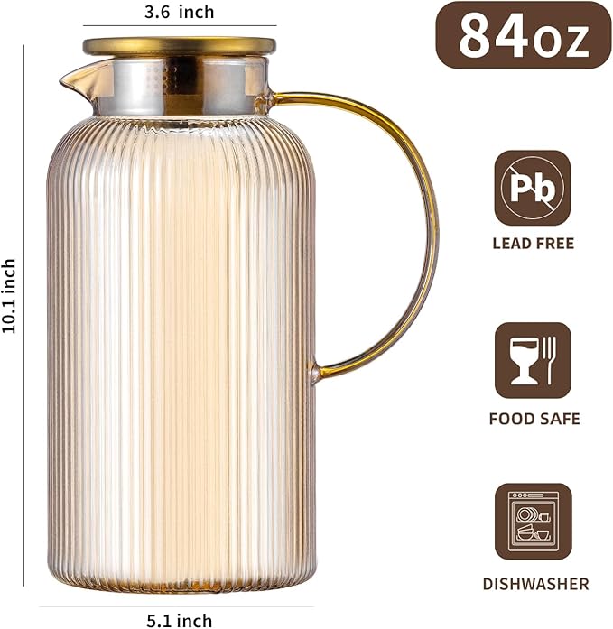 Buaic Glass Pitcher with Lid, 2 PACK 84 oz/ 2.5 Liter Amber Classic Vertical Stripes Water Pitcher,Glass Water Carafe for Cold Brew, Coffee, Lemonade, Iced Sun Tea,Beverage, Milk, Heat Resistant
