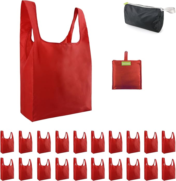 BeeGreen Christmas Red Reusable Shopping Bags Wholesale Reusable Grocery Bags Bulk Foldable-Machine Washable with Zipper Storage Pouch 20 Pieces