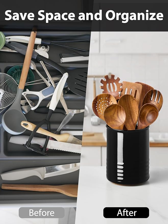 Utensil Holder, 6.7" Ceramic Kitchen Utensil Crock for Countertop Cooking, Modern Utensil Caddy Jar Organizer for Farmhouse Kitchen Counter Decor (Black)