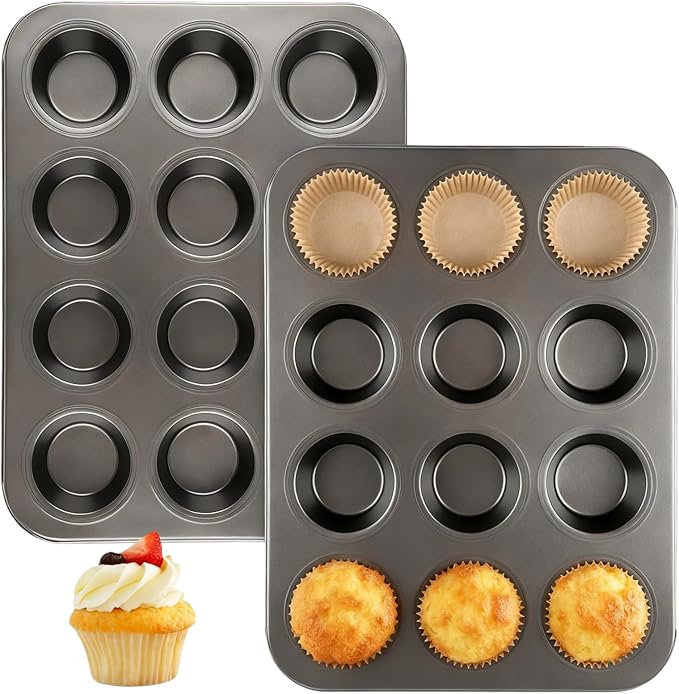 Artcochan 2 Pack Muffin Pan with 100 Cupcake Liners, 12 Cup Nonstick Cupcake Pan for Baking, Carbon Steel Baking Supplies Muffin Tin