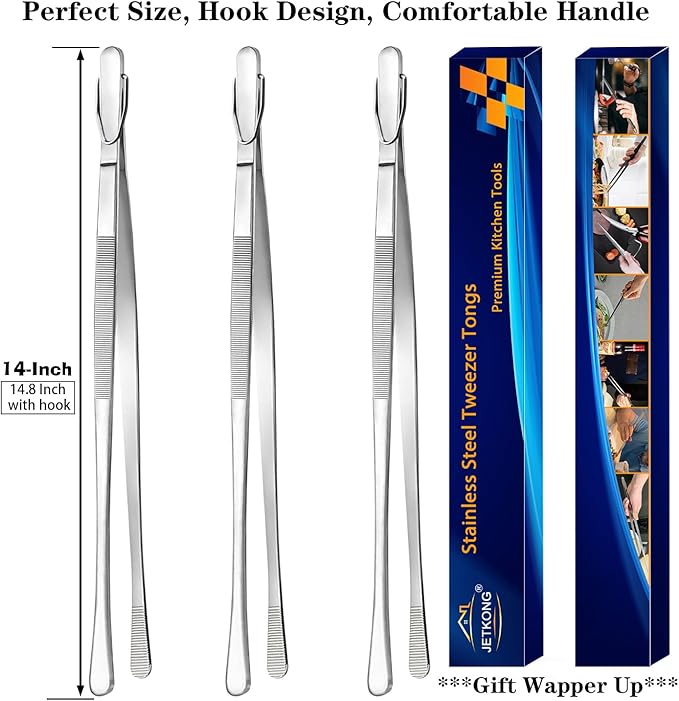 JETKONG 3 Pcs 14-Inch Stainless Steel Cooking Tweezers Heavy Duty Kitchen Food Tweezers (14 14 14 Inch, Silver)