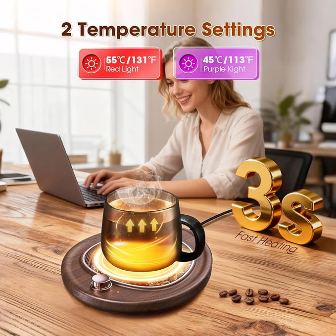 Coffee Mug Warmer - Large Candle Warmer Plate, 2-Temp Setting (131℉ & 113℉) & Fast Heating, Elegant Desk Warmer for Coffee/Tea/Milk/Candle, Ideal Office Home Gift (Wood Grain)