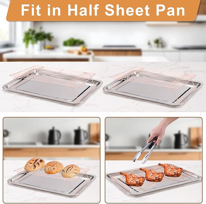 Cooling Rack for Baking 3 Tiers, 16" x 10" Cookie Cooling Wire Rack Stackable Collapsible Nonstick, Stainless Steel Baking Cooking Cooling Racks with Optimum Air Flow, Rose Gold