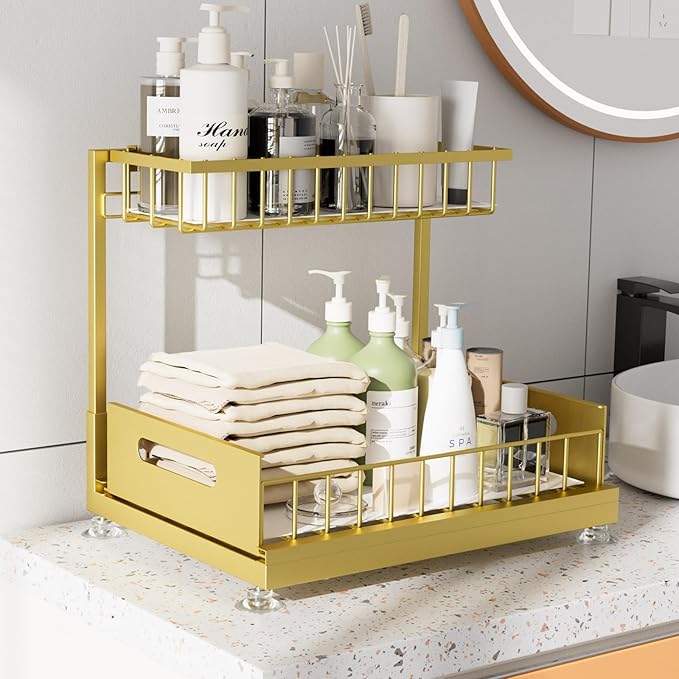 Saydear Under Sink Organizer Storage 2-Tier Premium Metal Pull-Out Kitchen Cabinet Organizer with Sliding Drawer, Height Adjustable, Heavy Duty for Kitchen & Bathroom Organizers 2 Pack Gold