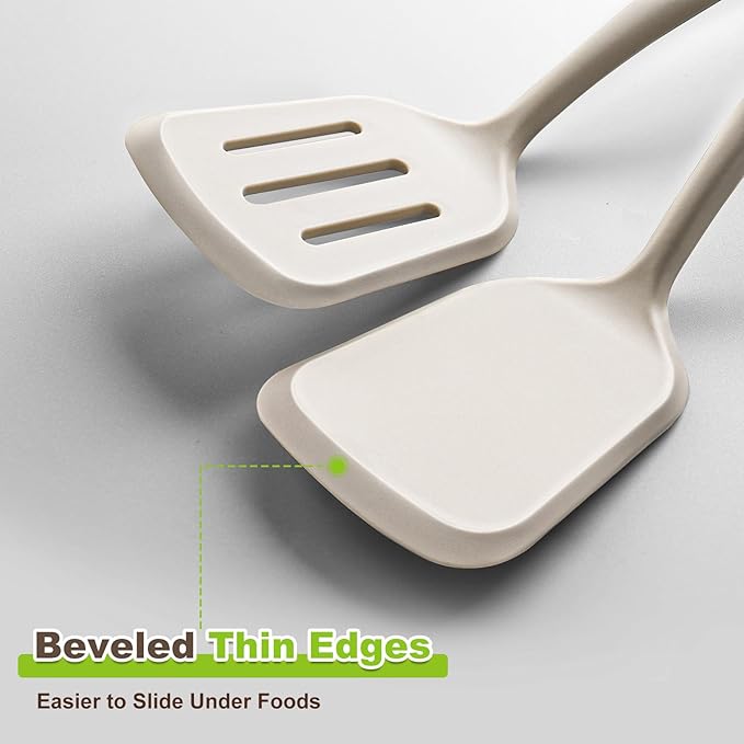 Pack of 2 Silicone Spatula Set with Elegant Wooden Handle, Heat Resistant Solid & Slotted Turner for Non Stick Pans, Great Kitchen Spatulas, Cooking Utensils for Sautéing, Frying and Flipping