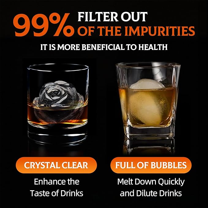 Clear Ice Cube Maker Tray – 2.3 Inch Large Rose Ice Ball Mold, Stainless Steel & Silicone, Slow Melting Crystal Ice for Whiskey, Cocktails, and Home Bar Use