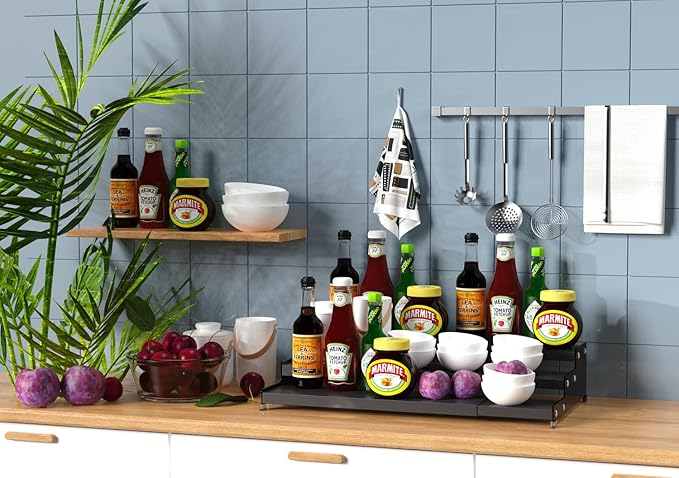 Jojocross Spice Rack Organizer for Cabinet, 3 Tier Expandable Spices Storage, Great for Kitchen Cabinets, Cupboard,Pantry and Countertop More 1 Pack/Black