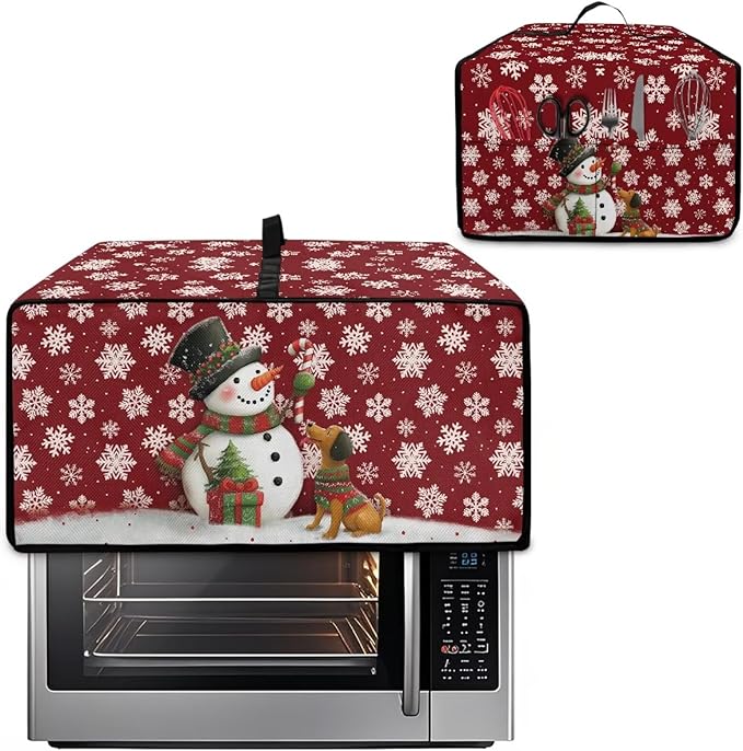 Toaster Oven Dust Cover with Storage Pockets, Protective Decorative Smart Oven Cover for for Kitchen Countertop, L, Snowman Dachshund Dog Snowflake Red Christmas Decor