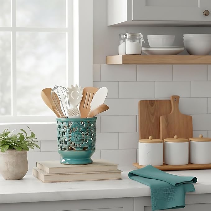 Farmhouse Kitchen Utensil Holder for Countertop, Ceramic Large Cooking Utensil Crock with Cork Mat, Hollow Carving Decorative Rustic Utensil Holder for Kitchen Counter, Antique Blue