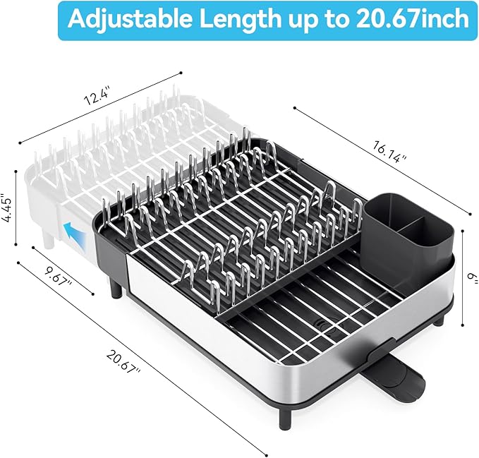 Urackify Dish Drying Rack, 304 Stainless Steel Dish Drainer with Removable Utensil Holder & Drain Board, Rustproof Space-Saving Dish Rack for Kitchen Countertop, Black