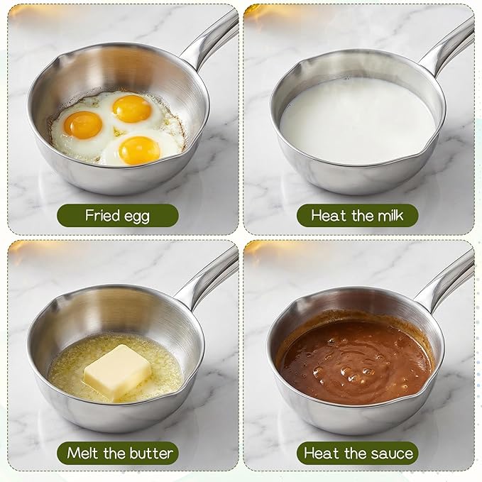 13.5 fl oz (400ml) 18/10 Stainless Steel Butter Warmer Measuring Pan, 3-Ply Saucepan with Dual Pour Spouts, Small Thick Cooking Pan for Stove Top, Chocolate Melting, Coffee Tea Soup Warming