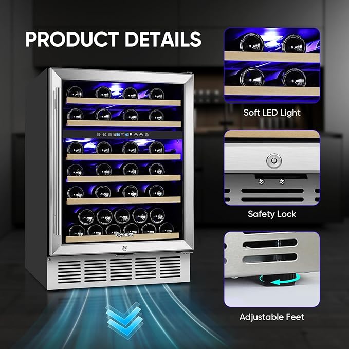 ORYMUSE 24 Inch Wine Cooler Refrigerator, 46 Bottle Dual Zone Wine Fridge with Stainless Steel Glass Door, Adjustable Shelves, Upgraded Compressor, Built-In Freestanding for Home, Bar, Kitchen