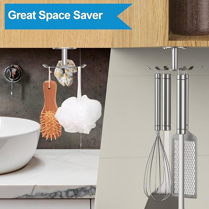 2pcs Under Cabinet Hooks Rotating Kitchen Utensil Holder 304 Stainless Steel Adhesive Utensil Hanging Rack for Kitchen Utensils/Tools/Towel/Knife(2, Brushed Nickel)…