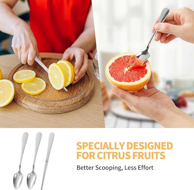 Grapefruit Spoon & Knife Set,Stainless Steel Grapefruit Spoon Utensil With Serrated Edge,Silver Kitchen Tool,Multi-Use for Citrus, Kiwi,Dessert, Avocado & More (3 PCS)
