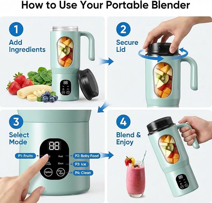 Portable Blender 12-Blades Portable Juicer for Smoothies, 580ml Rechargeable Personal Blenders with Handle & Extra Lid, USB-C Mini Blender Cup for Travel, Office, Gym, BPA-Free (Green)