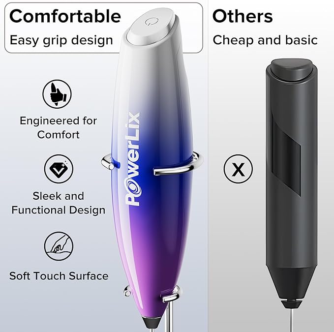 PowerLix Powerful Handheld Milk Frother With Stand Battery Operated Foam Maker Frother Wand For Coffee (Purple）