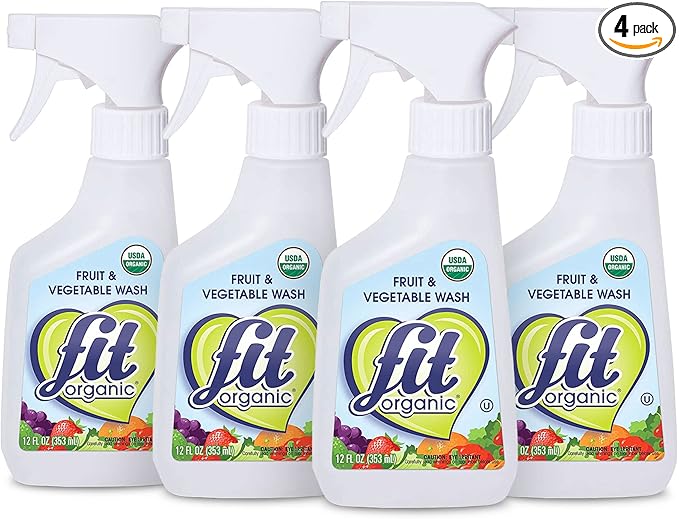 FIT Organic Fruit and Vegetable Wash Spray – USDA Certified Organic & Kosher – Tasteless, Odorless, Removes Surface Contaminants – Family & Pet Safe, Chemical-Free, 12 Fl Oz (4-Pack)